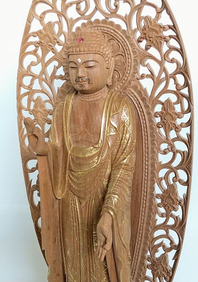 阿弥陀如来立像 4.5寸 #456 円台座 宝相華唐草 透彫り◆白檀 木彫 仏像