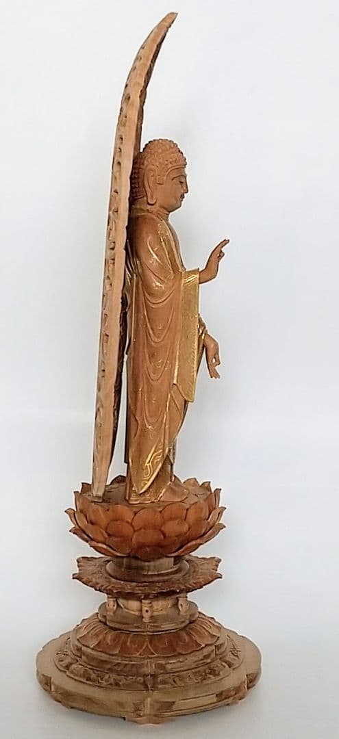 阿弥陀如来立像 4.5寸 #456 円台座 宝相華唐草 透彫り◆白檀 木彫 仏像