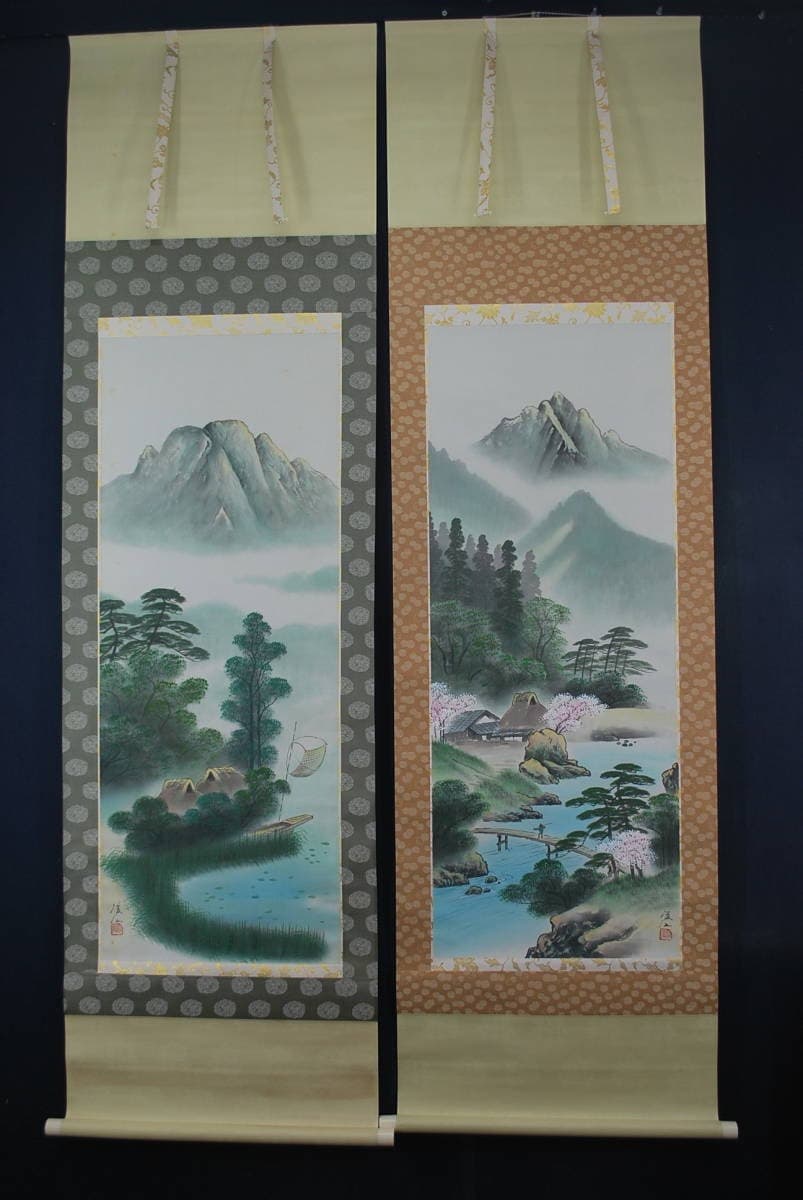 【真作】河内渓仙/春夏秋冬山水図/四幅対/掛軸☆宝船☆V-471 JM