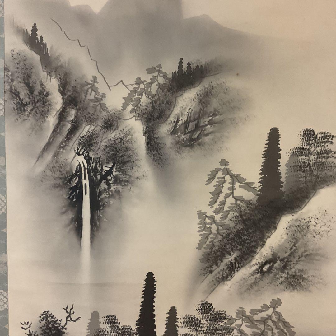 水墨山水画 絹本掛け軸 一堂筆【落款印譜在】 軸先木軸