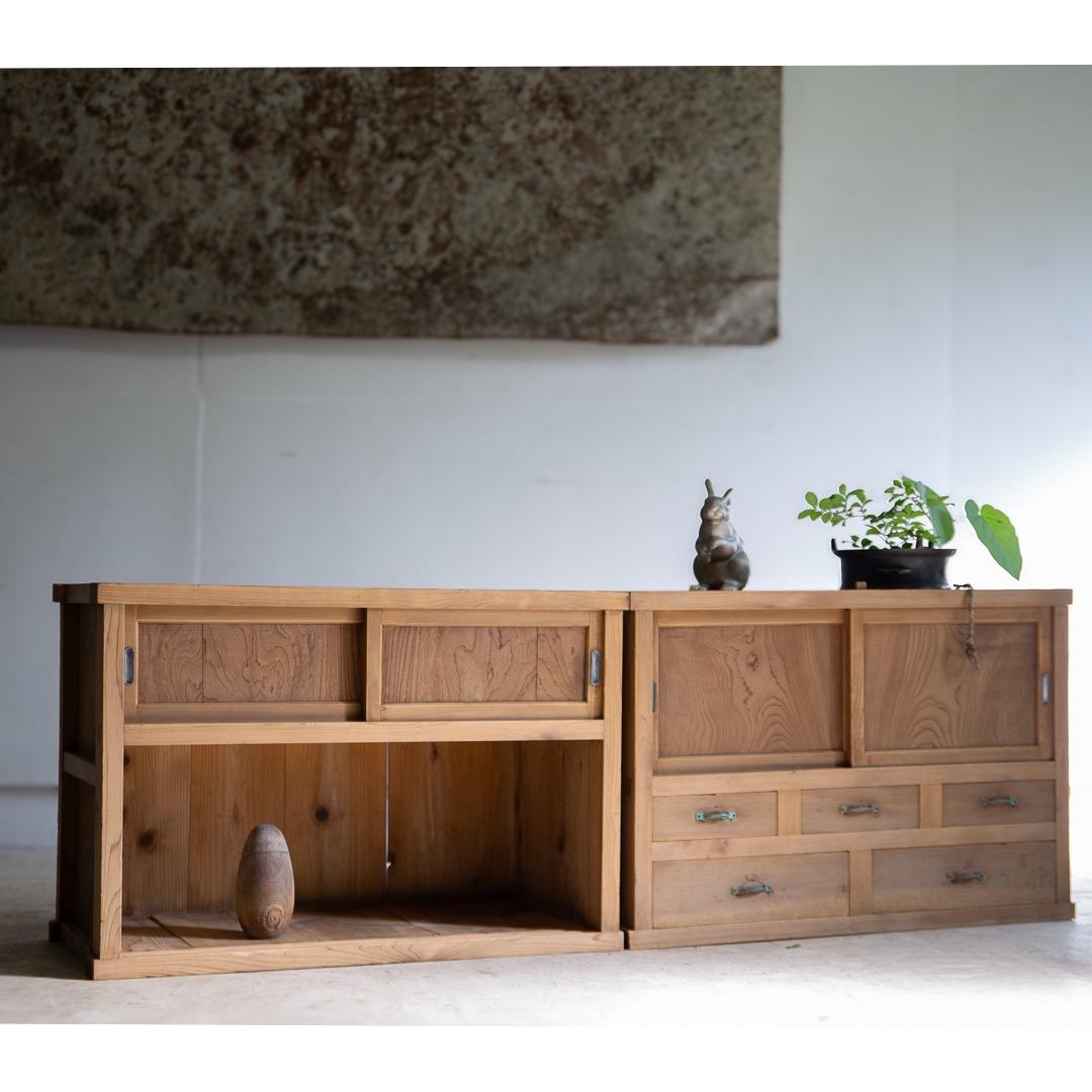 木製戸棚 古家具 2段重ね 収納棚 食器棚 幅890奥410高1210 送料込