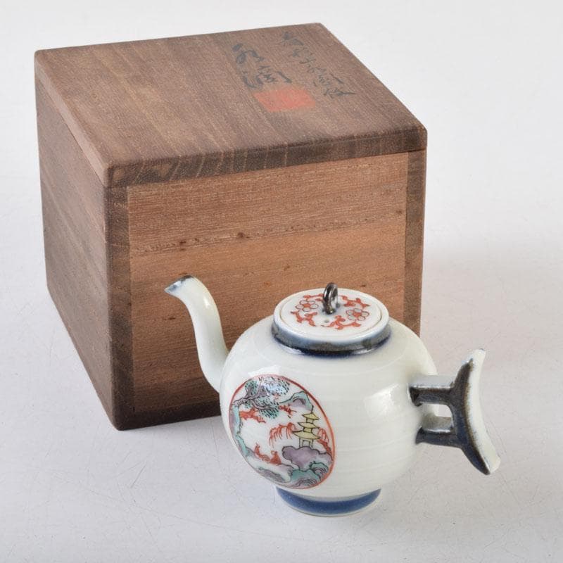 平安　丹祐造　色絵　山水人物文　水滴　共箱　V　8798