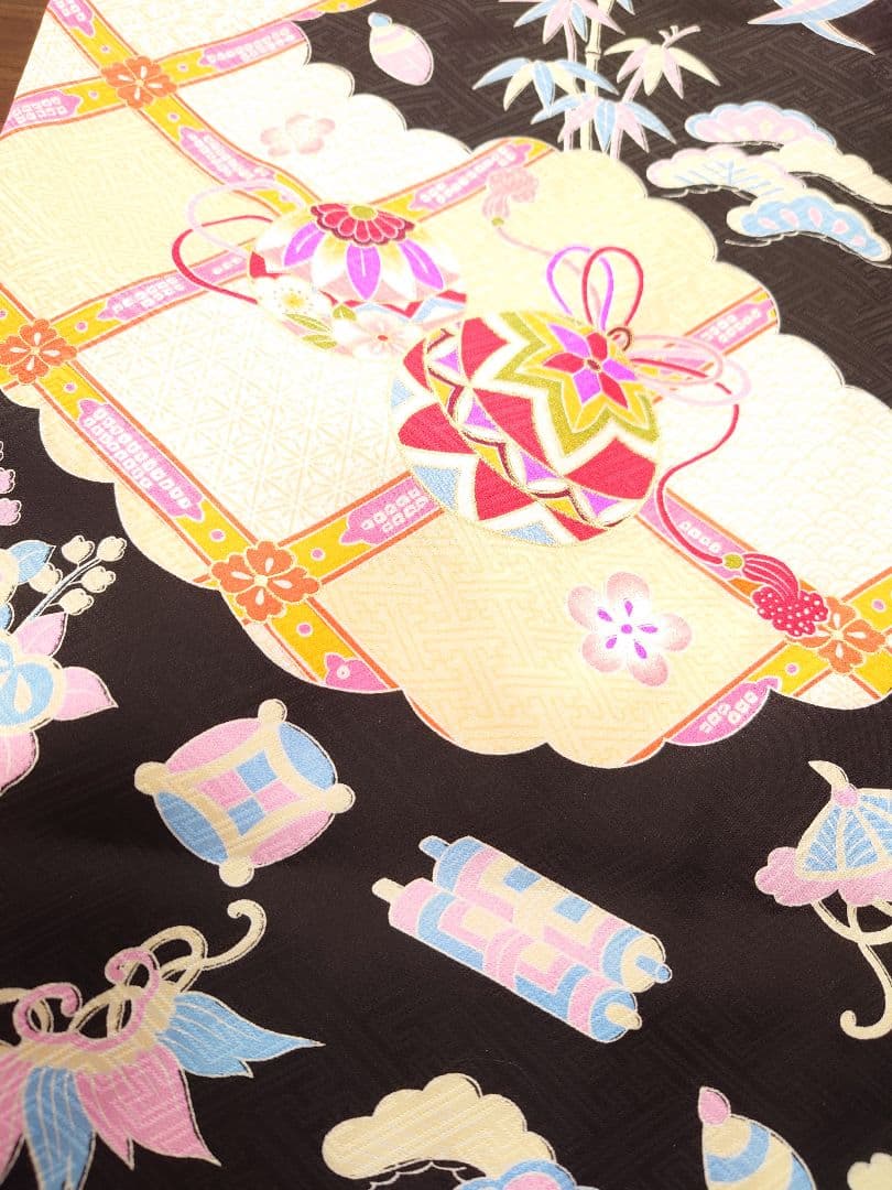 正絹　七五三　着物　長襦袢セット　黒　手毬　宝尽し
