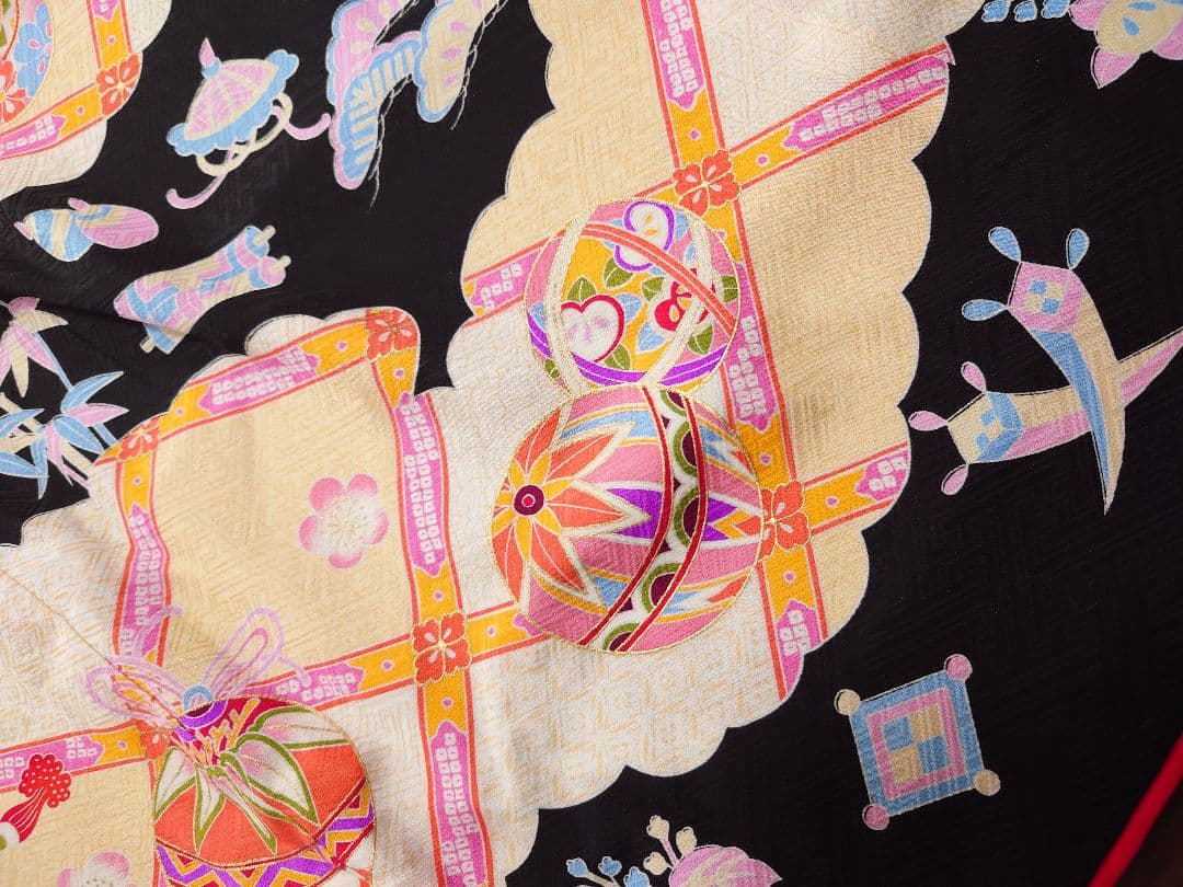 正絹　七五三　着物　長襦袢セット　黒　手毬　宝尽し