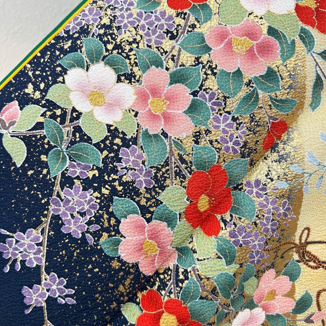 439 振袖フルセット 正絹 顔 紺 ブルー 金彩 暈し染め シンプル 花車文