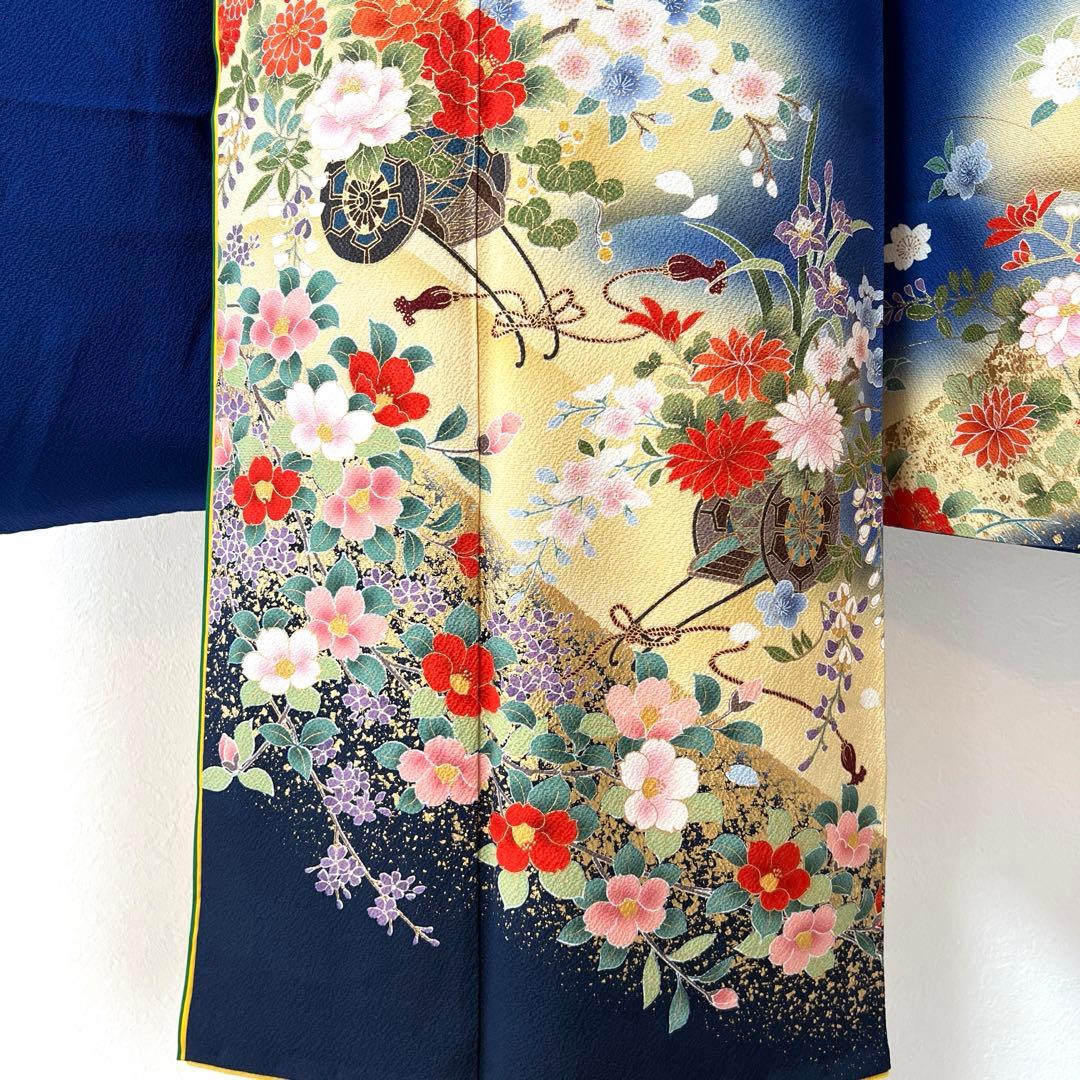 439 振袖フルセット 正絹 顔 紺 ブルー 金彩 暈し染め シンプル 花車文
