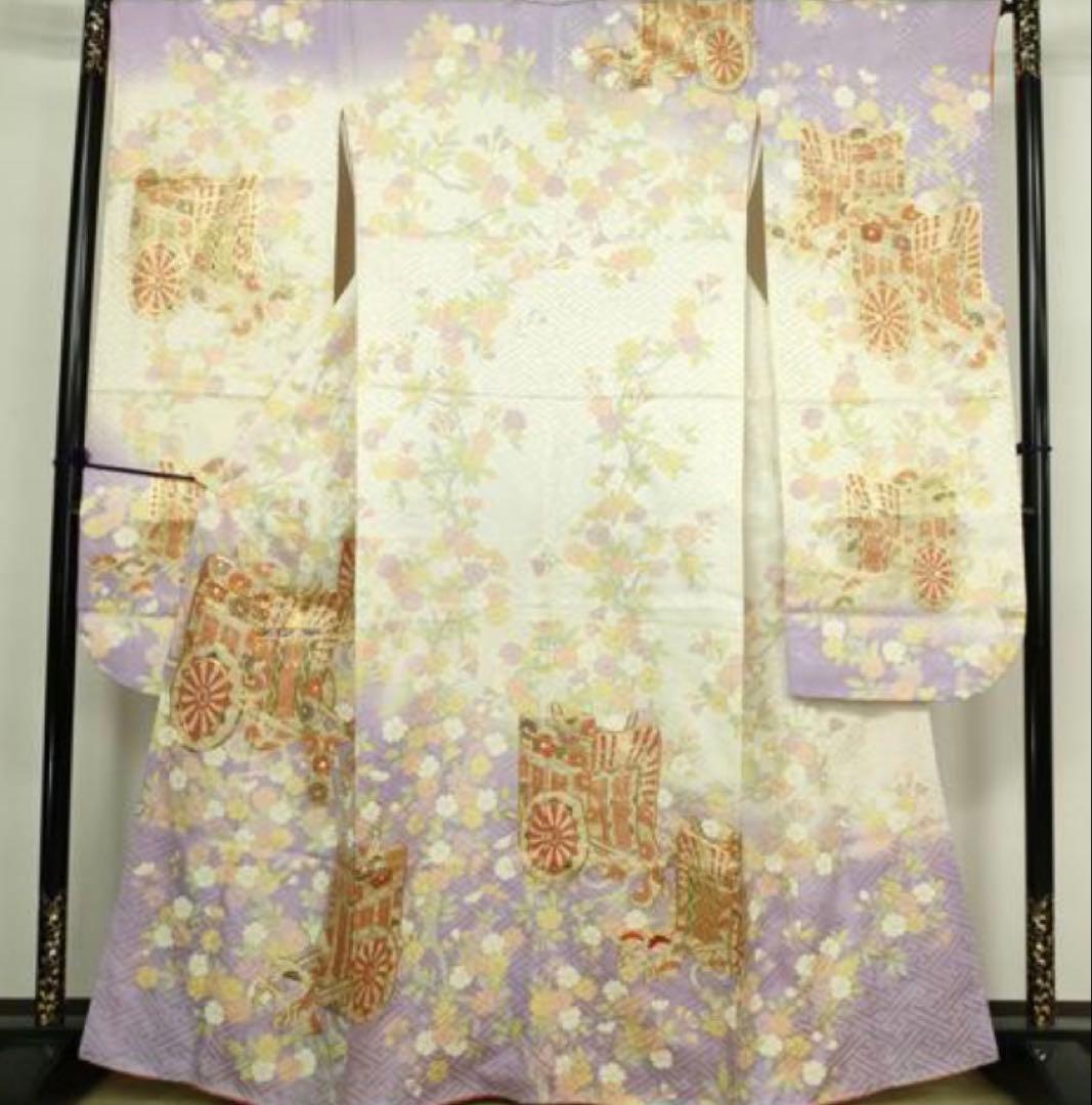 振袖フルセット6点サイズM〜Ｌ駒刺繍　御所車花文　暈し染め　金彩　正絹