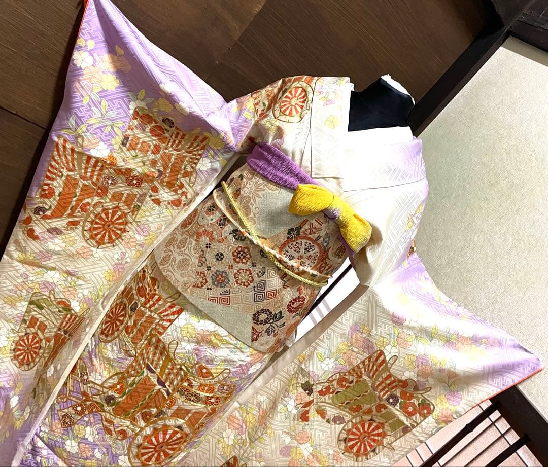 振袖フルセット6点サイズM〜Ｌ駒刺繍　御所車花文　暈し染め　金彩　正絹