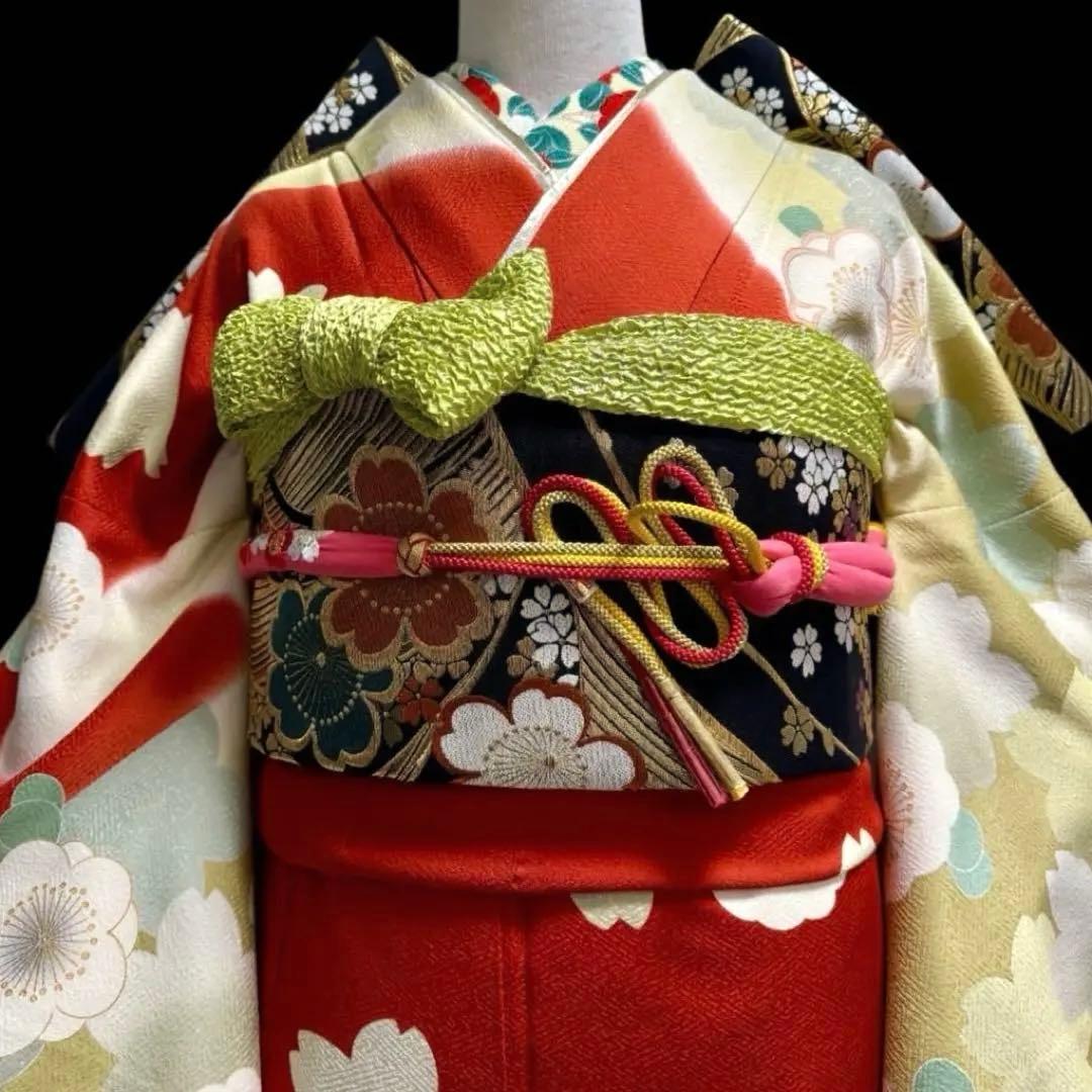 美品　振袖フルセット　トールサイズ　160〜170cm　梅・桜・毱・古典柄　裄長