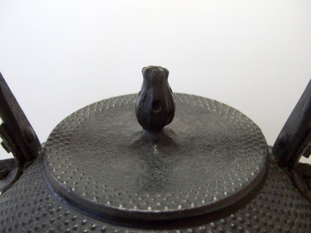 真正南部 雅泉 鬼面鐶付 虫喰摘み あられ紋 鉄瓶 在銘 南部型