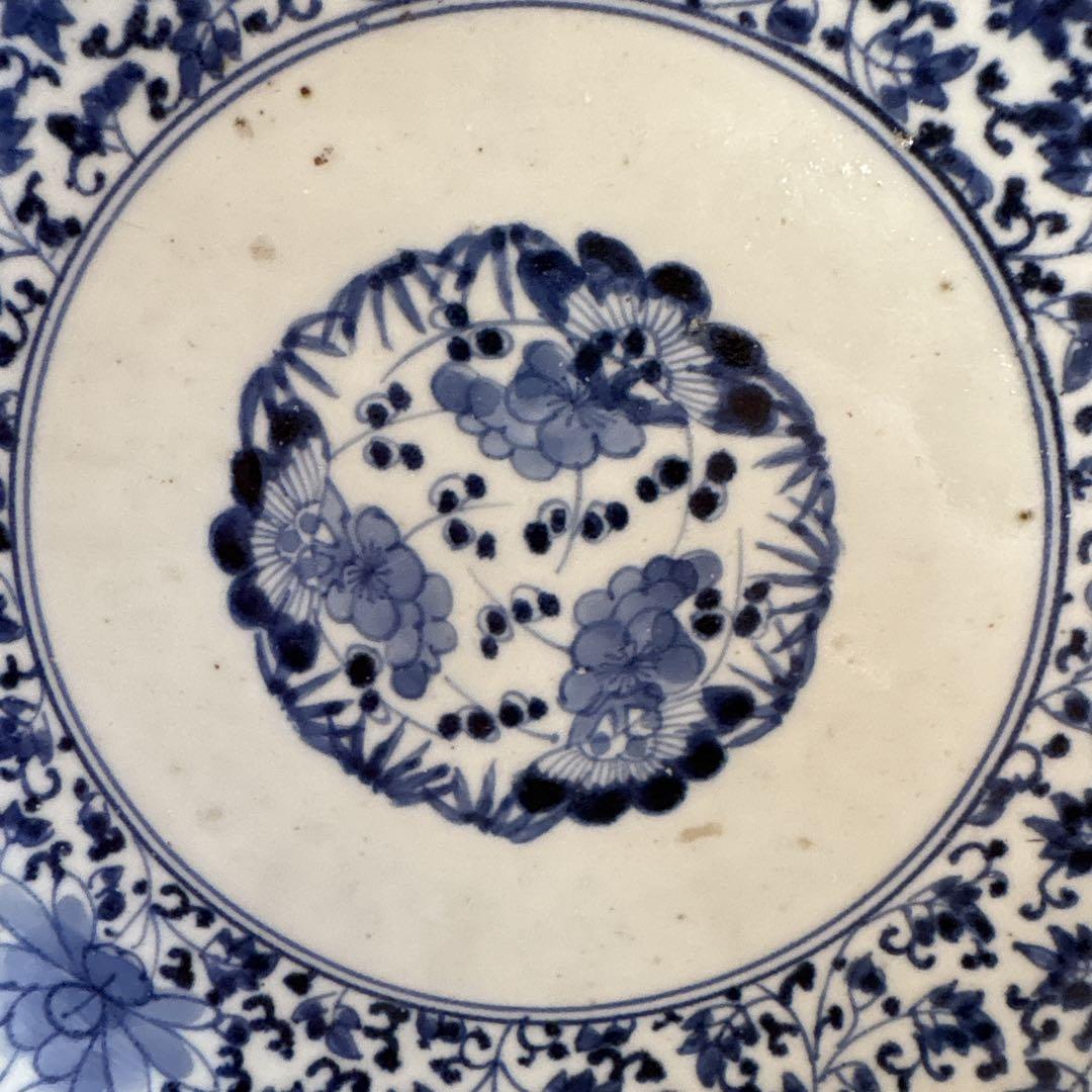 伊万里 有田 染付 印判 大皿 花唐草 見返し唐草 見込花丸 牡丹菊 二重圏線