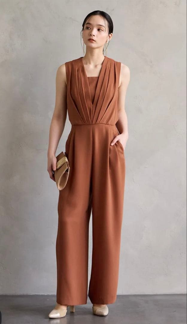 ブラウン Vネック マキシドレス