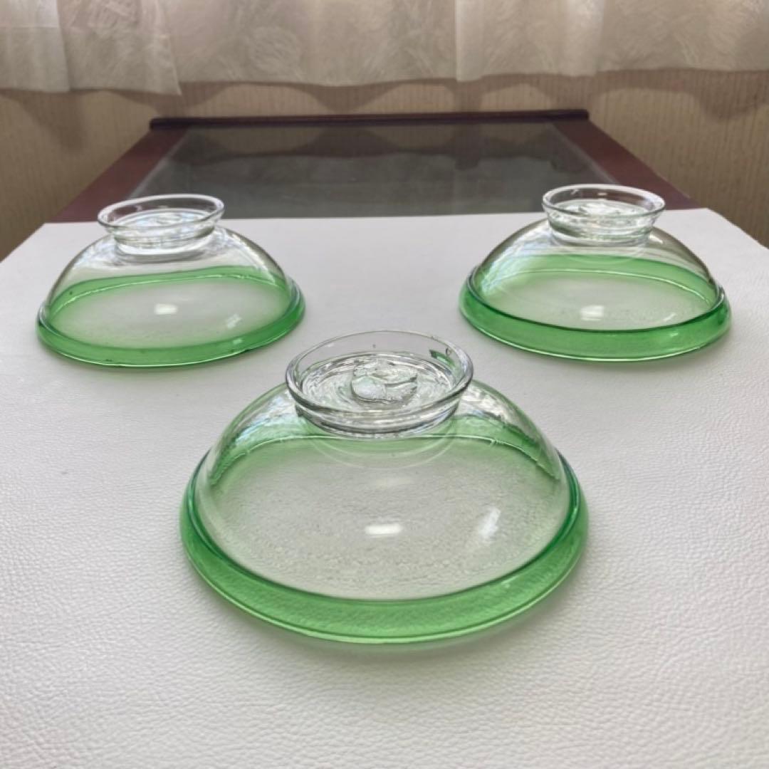古いガラス鉢 かき氷 カップ ボウル 食器 花器 グリーン 3点 骨董 レトロ