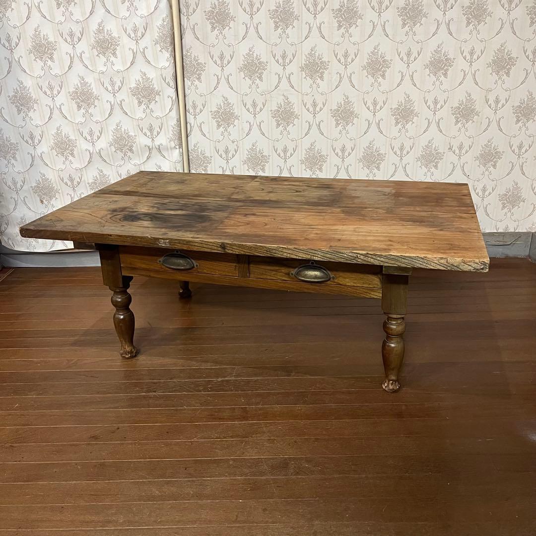 【アンティーク】木製 引出し付 ろくろ足 文机 ローテーブル 座卓 古家具