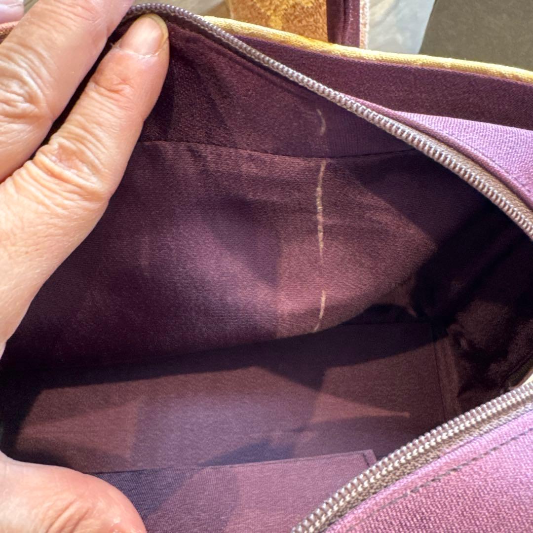 美品　利休バッグ　着物　訪問着　帯地　正絹　和装用バック　紫　　金　紫紺