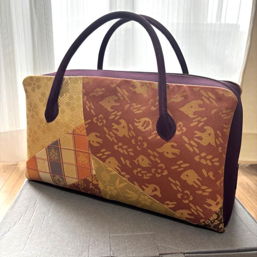 美品　利休バッグ　着物　訪問着　帯地　正絹　和装用バック　紫　　金　紫紺