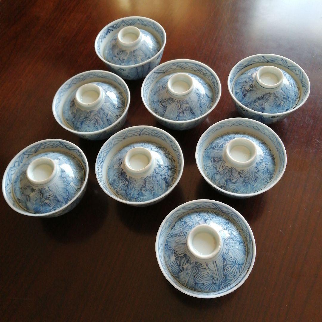 古伊万里　染付線描蓋茶碗　8客　10.5cm　江戸後期～幕末