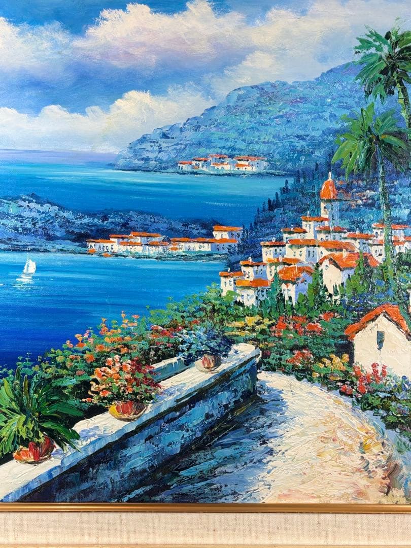 セルジュ・ルゴンによる「地中海への道」 風景画 油彩 海と町の風景