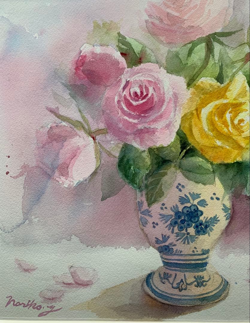 透明水彩画原画美しい薔薇とデルフト焼きの花瓶①