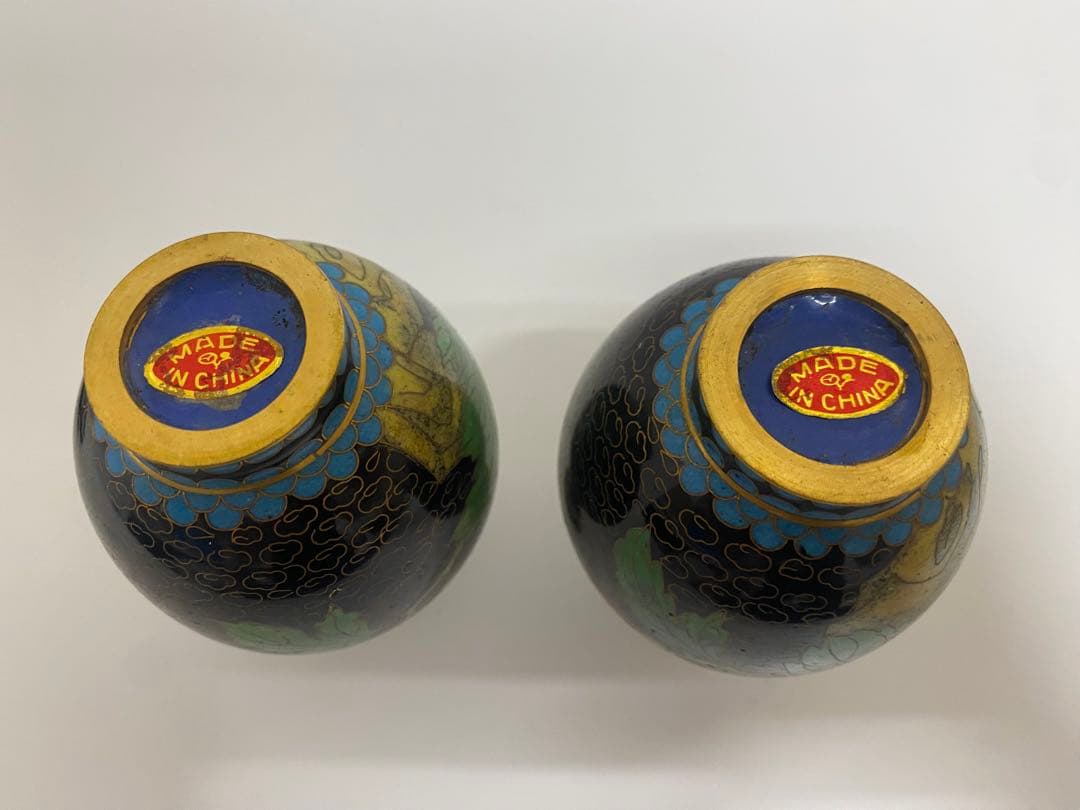 中国美術 花瓶 一対 台付き 中国七宝 花器 壷 景泰藍 花鳥図 唐物 七宝焼