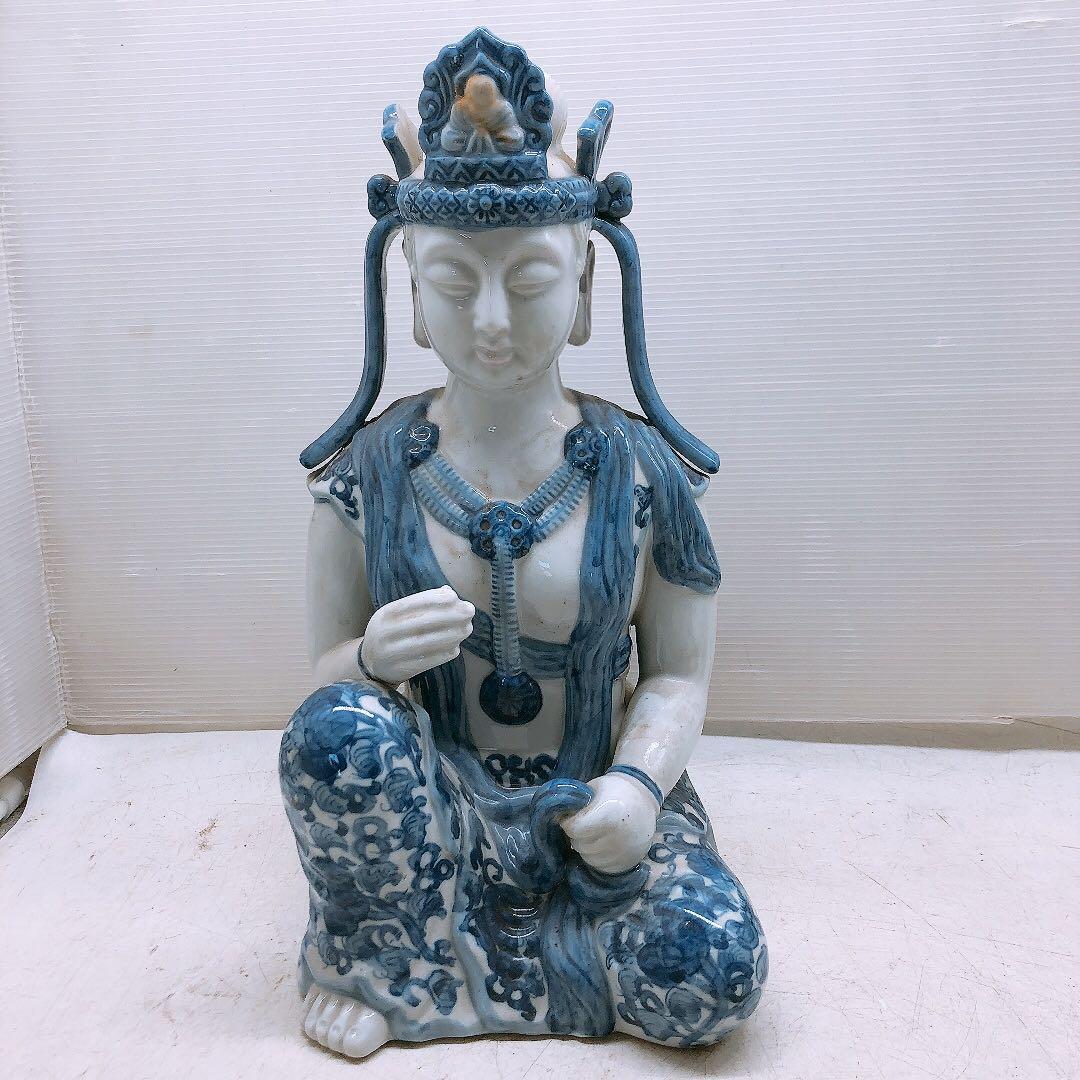 九谷焼 八幡窯 染付 座観音 観音像 縁起物 陶器製 置物 インテリア 中古品