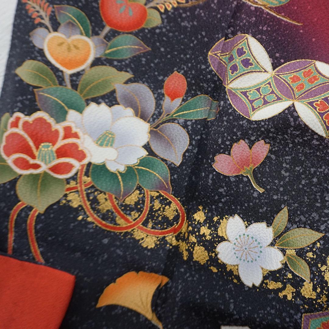 モダンなダークピンク　牡丹　藤　正絹振袖　長襦袢付　160cm　a657