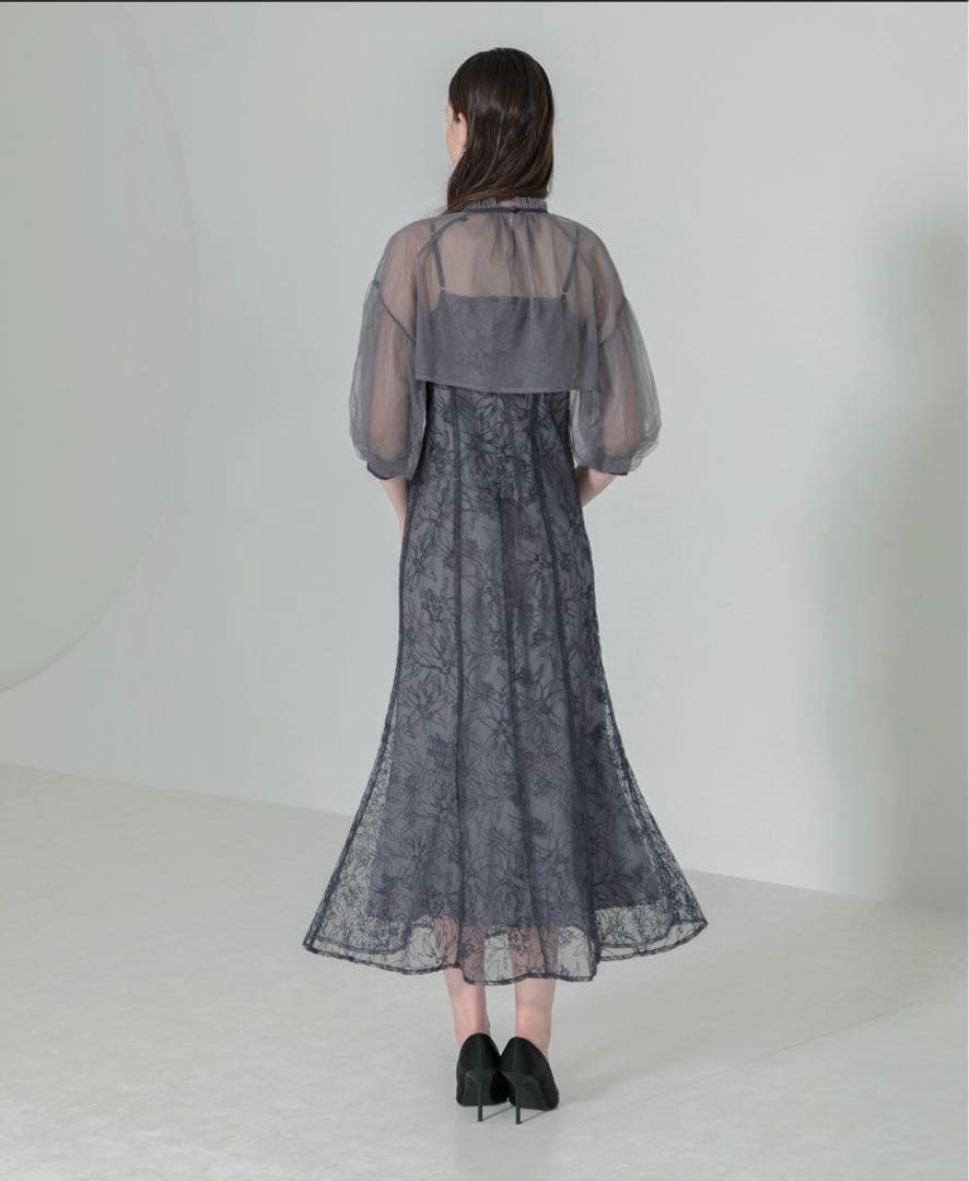 Leja マーメイドシルエットキャミワンピースリボン付きシアーパフスリーブ　S