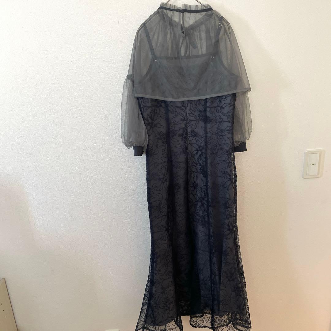 Leja マーメイドシルエットキャミワンピースリボン付きシアーパフスリーブ　S