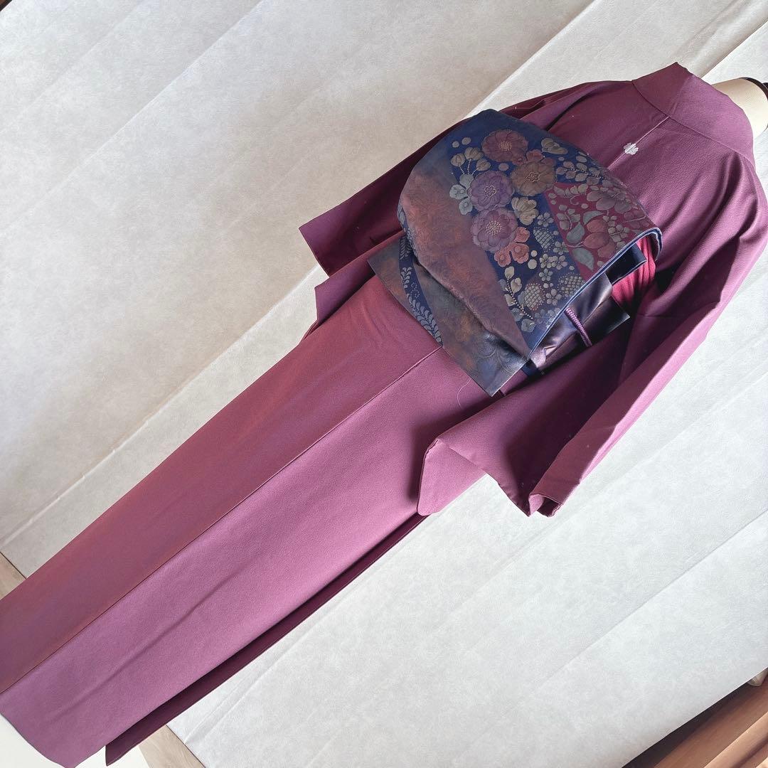 色無地　フルセット　着物　正絹　一つ紋　辻ヶ花の帯　赤紫　N5