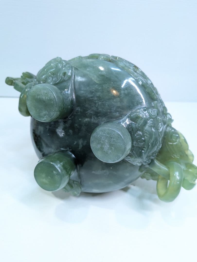 P013 中国美術 翡翠 玉石彫刻 龍彫 香炉 唐木台座付 高さ24cm 大振り