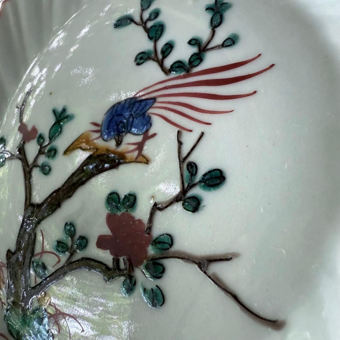 2164感謝‼️夏の倣い古九谷‼️幸せ強運の色絵花鳥図在銘福波打つ小皿4客➕1客プレ