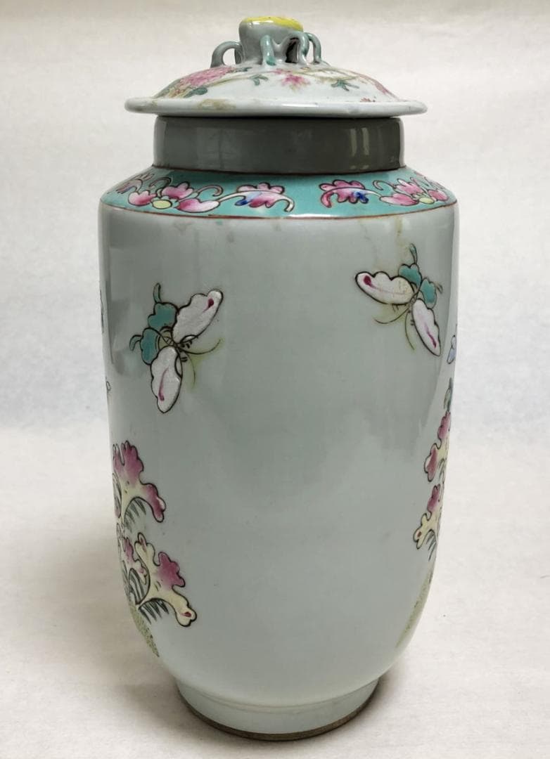 民国 色絵染付 鶏花蝶図色絵蓋物 伝世品焼物 無傷完品 ウブ品 WWTT045