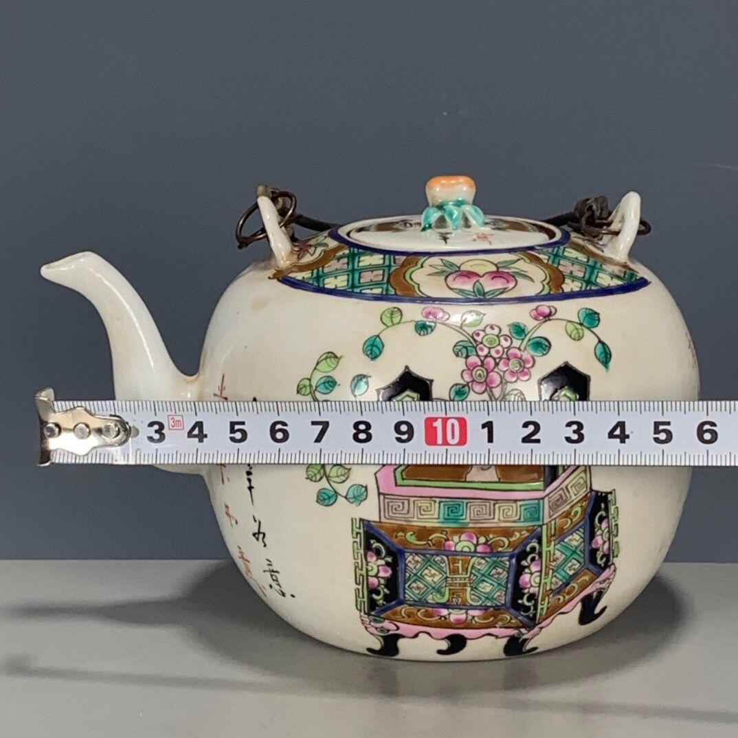 清代の同治  五彩粉彩博古図査義興鼎  花提梁やかん  急須    現代工芸品