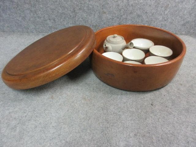 萬古焼 色絵 風景図 煎茶器セット 茶櫃付き [B25249]