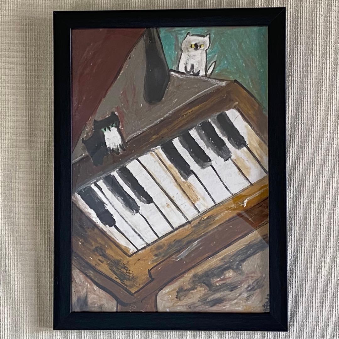 絵画。壁掛け原画【可愛い猫たちとロマンチックのピアノ曲】