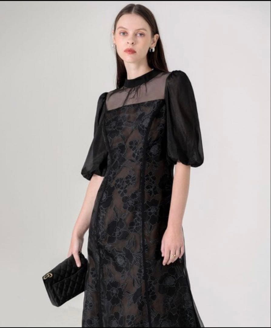 【LEJA】花柄オーガンジーレース　シアーパフスリーブ　ドレス　ブラック