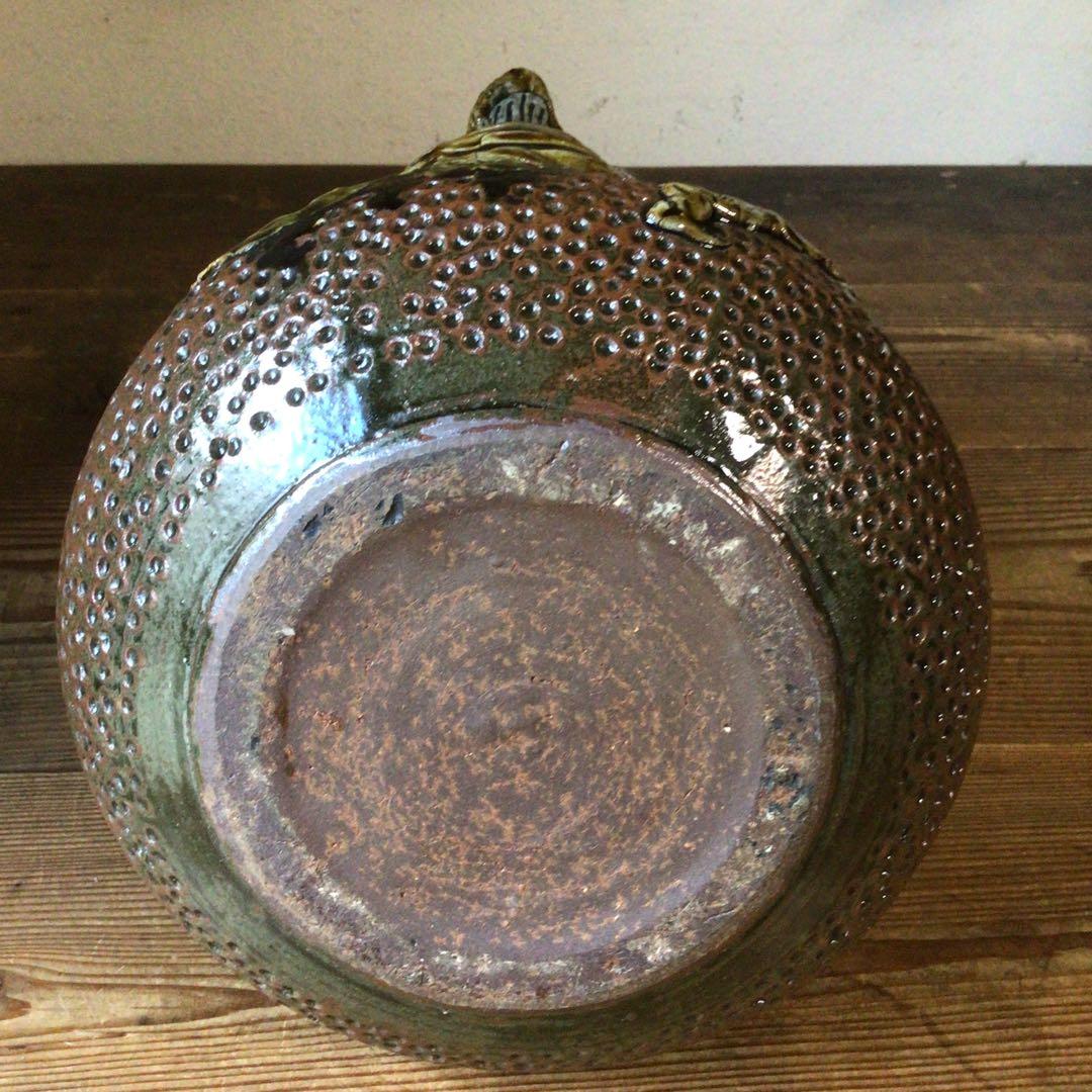 No4078 壺屋焼　浮彫雲龍文　カラカラ　酒器　沖縄　やちむん　民藝　送料無料