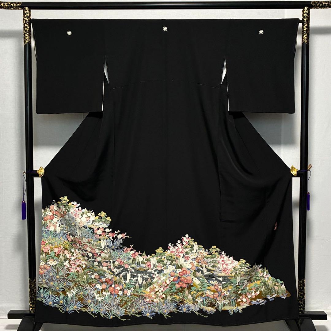 D128 黒留袖 友禅 落款入 鶴 花模様 正絹 着物 袷 極美品