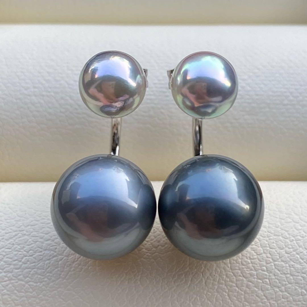 本真珠　南洋黒蝶真珠&あこや真珠ピアス　9.8&6.3mm P1152