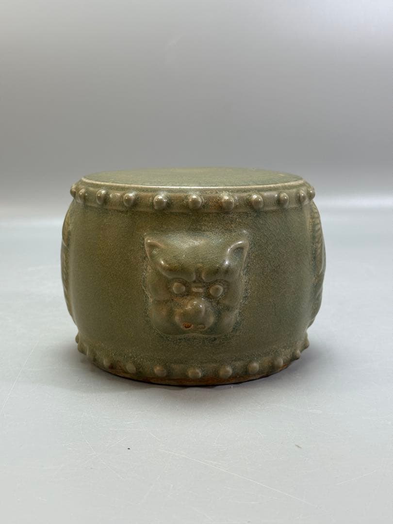 DT502 中国美術 青磁 太鼓形 獣面台 古陶磁