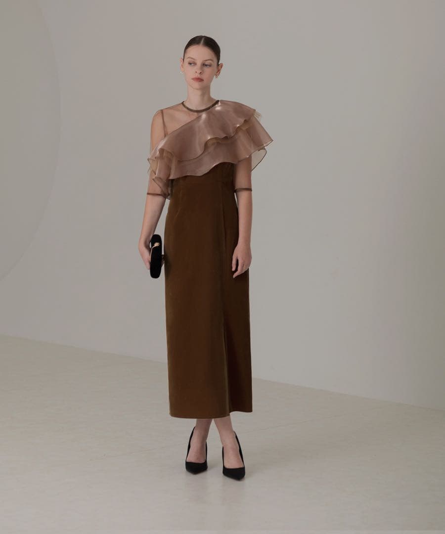 アシンメトリーティアードフリル3WAYベロアIラインドレスワンピース ブラウンM