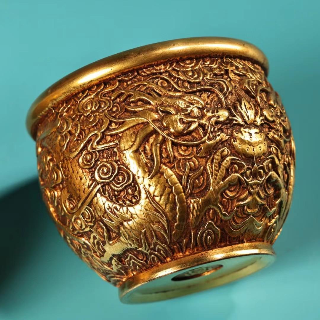 中国古美術・旧蔵二龍戯珠の缶セット・鏨刻鎏金・純銅製・高浮彫・置物・茶道具・酒具