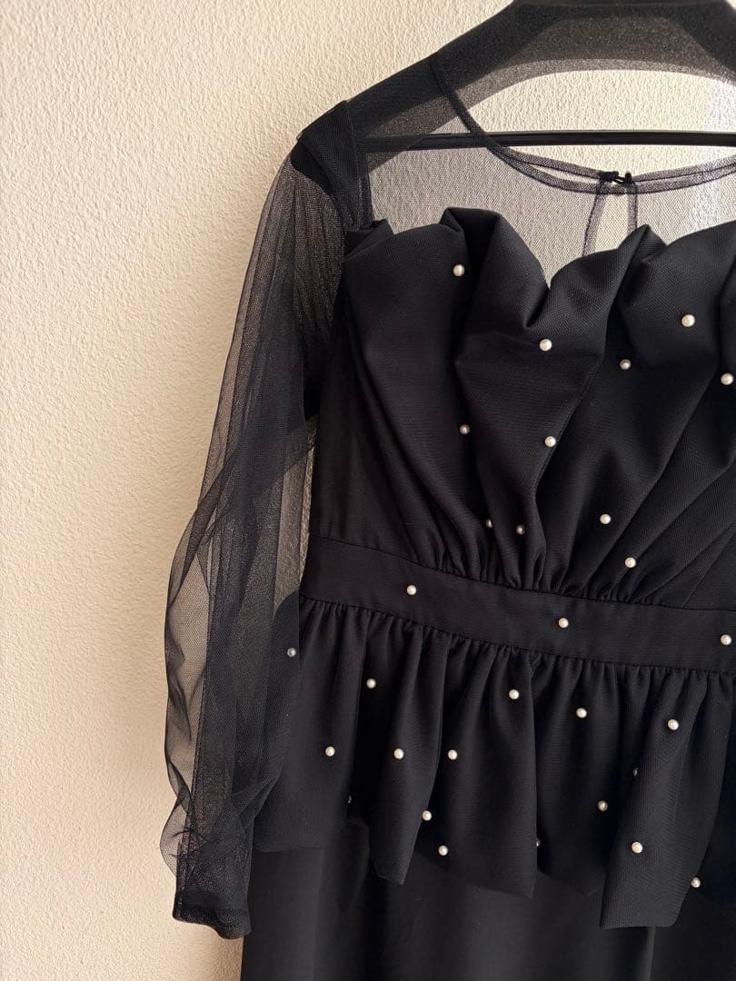 Et.UNiVER 黒 シースルー長袖 ペプラムドレス　M