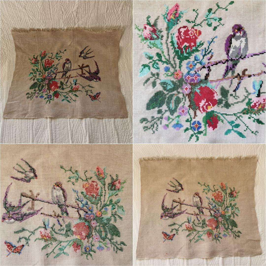 アンティーク 刺繍 燕達と蝶と薔薇 手刺繍リネンクロス タペストリー