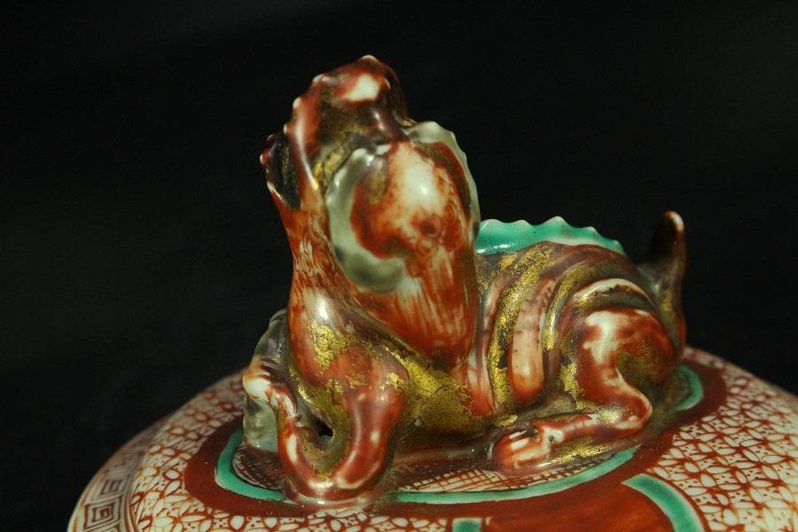 古美術 赤絵 獅子蓋 香炉 時代物 骨董 希少(K-YC530)