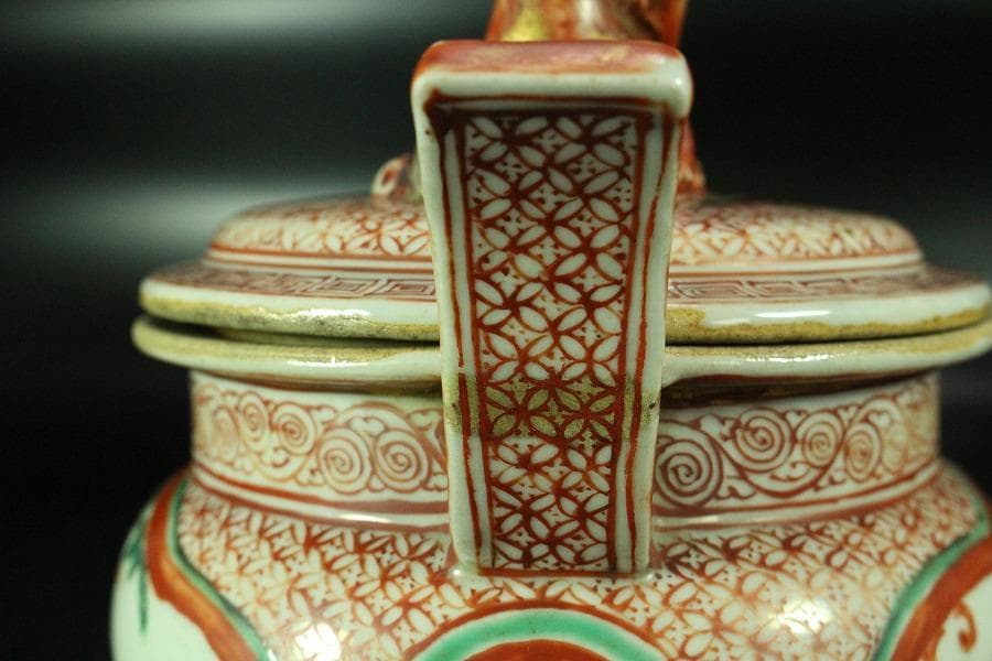 古美術 赤絵 獅子蓋 香炉 時代物 骨董 希少(K-YC530)