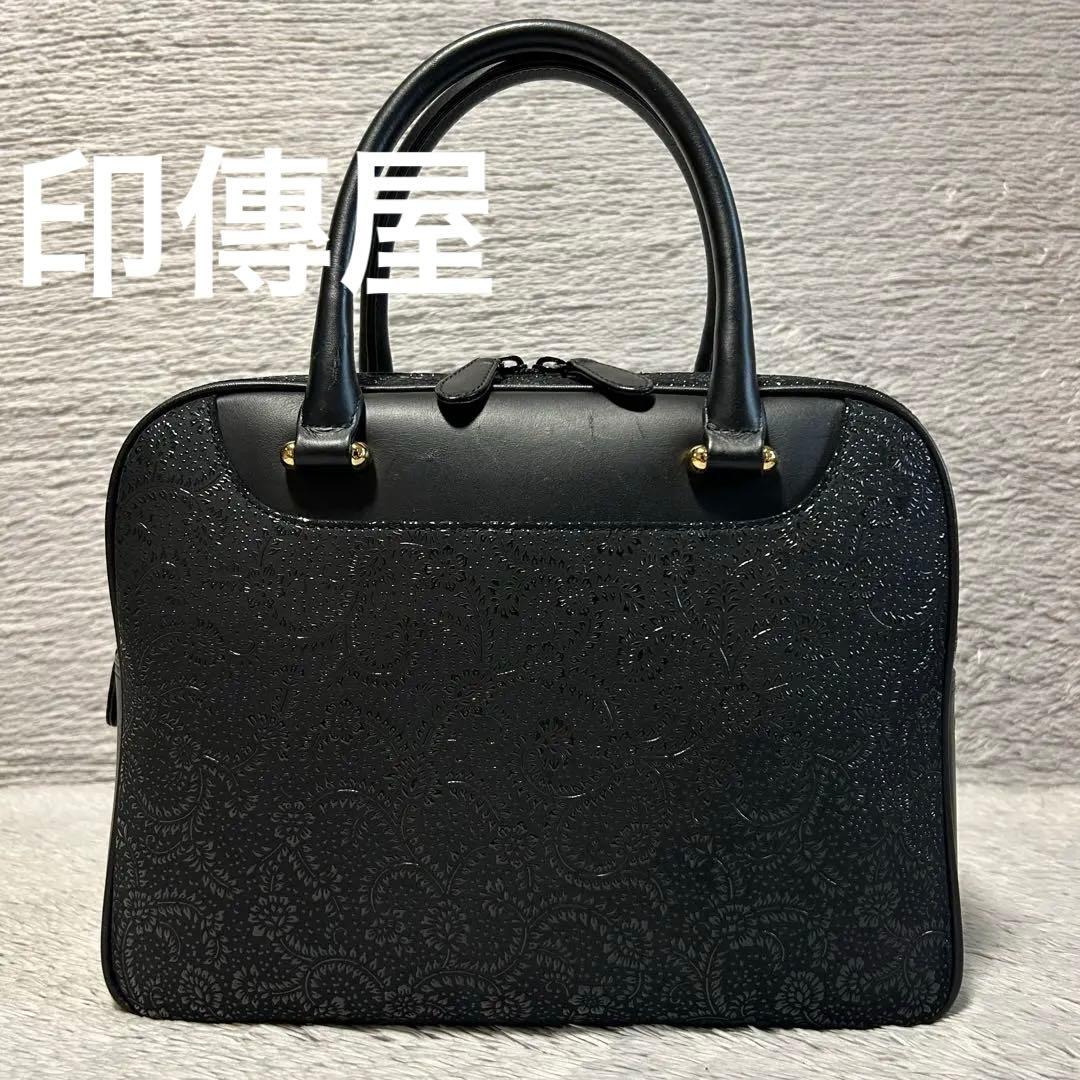 印傳屋 印伝　ハンドバッグ 鹿革 レザーバッグ　ブラック　甲州印伝 漆模様