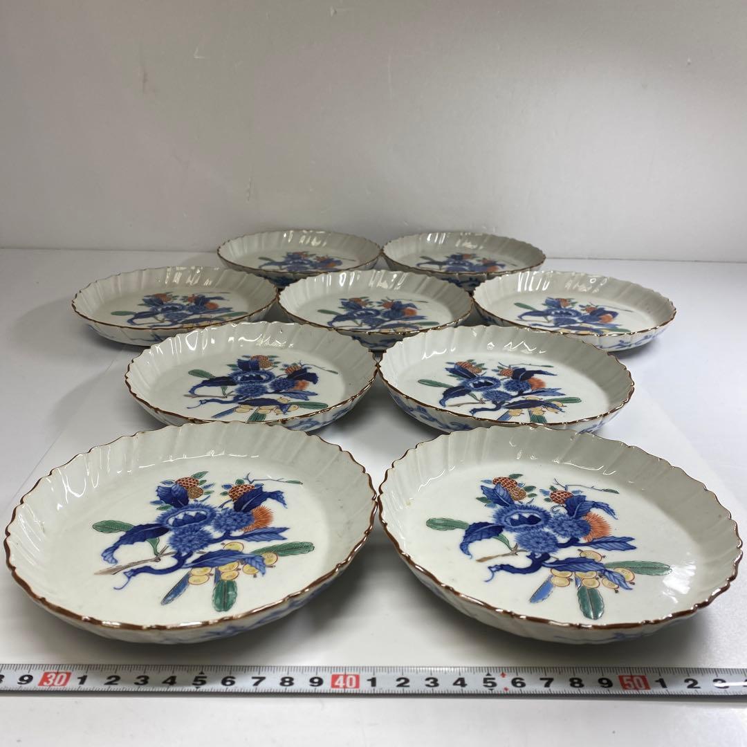 江戸後期　渦福柿右衛門手　栗図中皿9枚　幅約14.7㎝　東Y7-0314☆2F