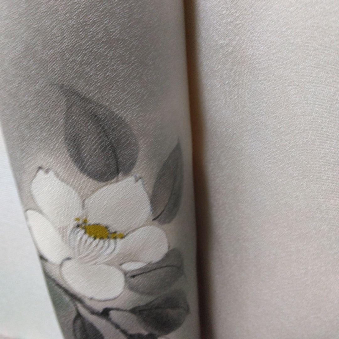 未使用品　訪問着 鳥と花模様白つばき グレーとホワイト、長襦袢付