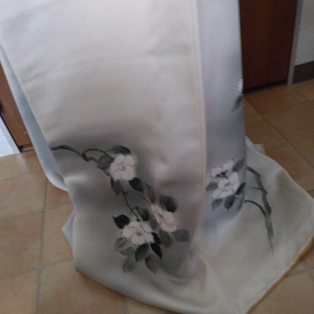 未使用品　訪問着 鳥と花模様白つばき グレーとホワイト、長襦袢付